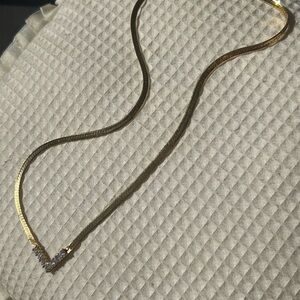 Vintage Gold Tone Herringbone V Rhinestone Chain Necklace